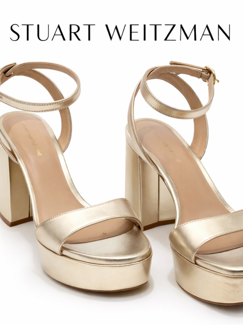 Stuart Weitzman Metallic Gold Platform Block Heel Sandals